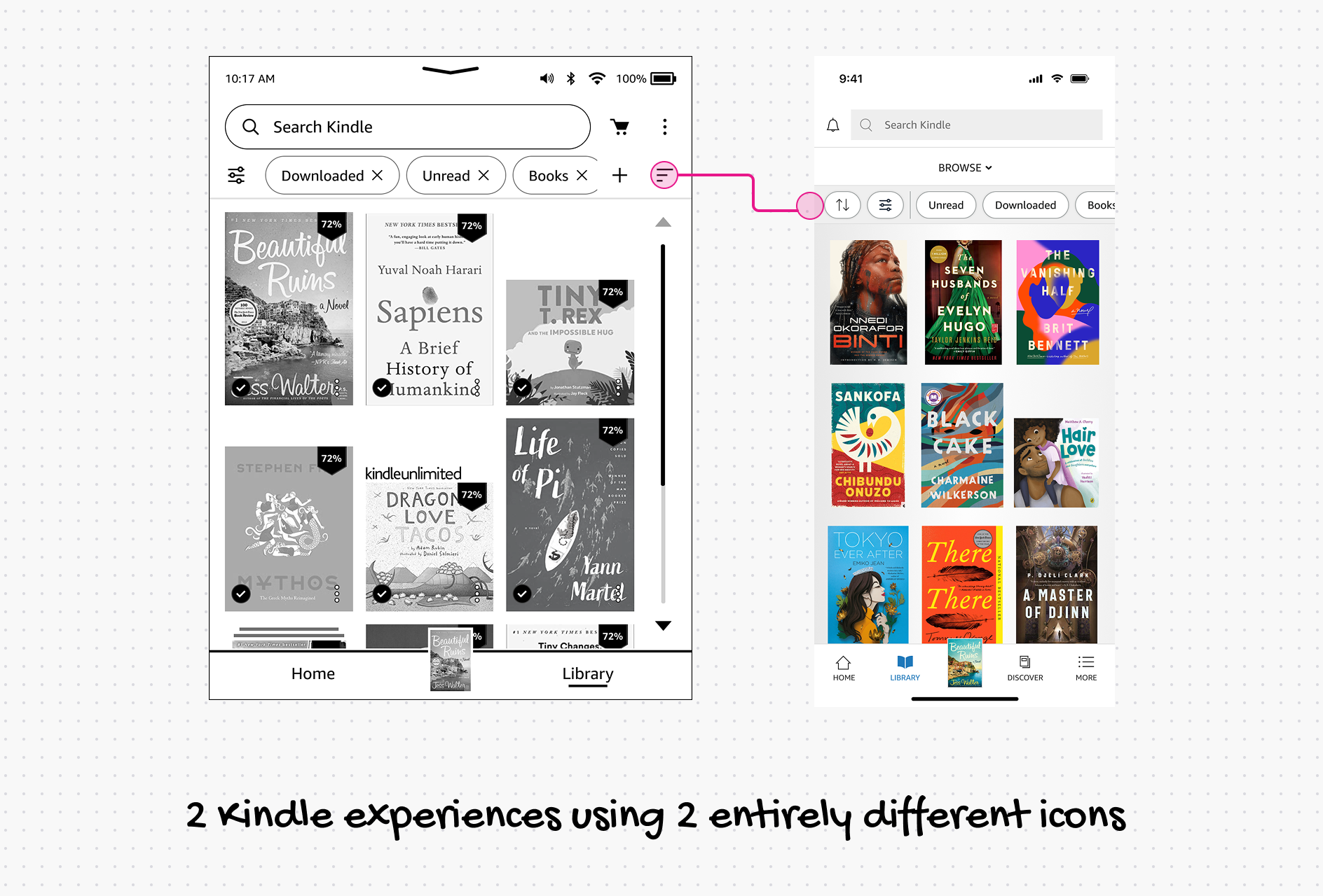 Comparison of different icon styles across E-reader and the Kindle app