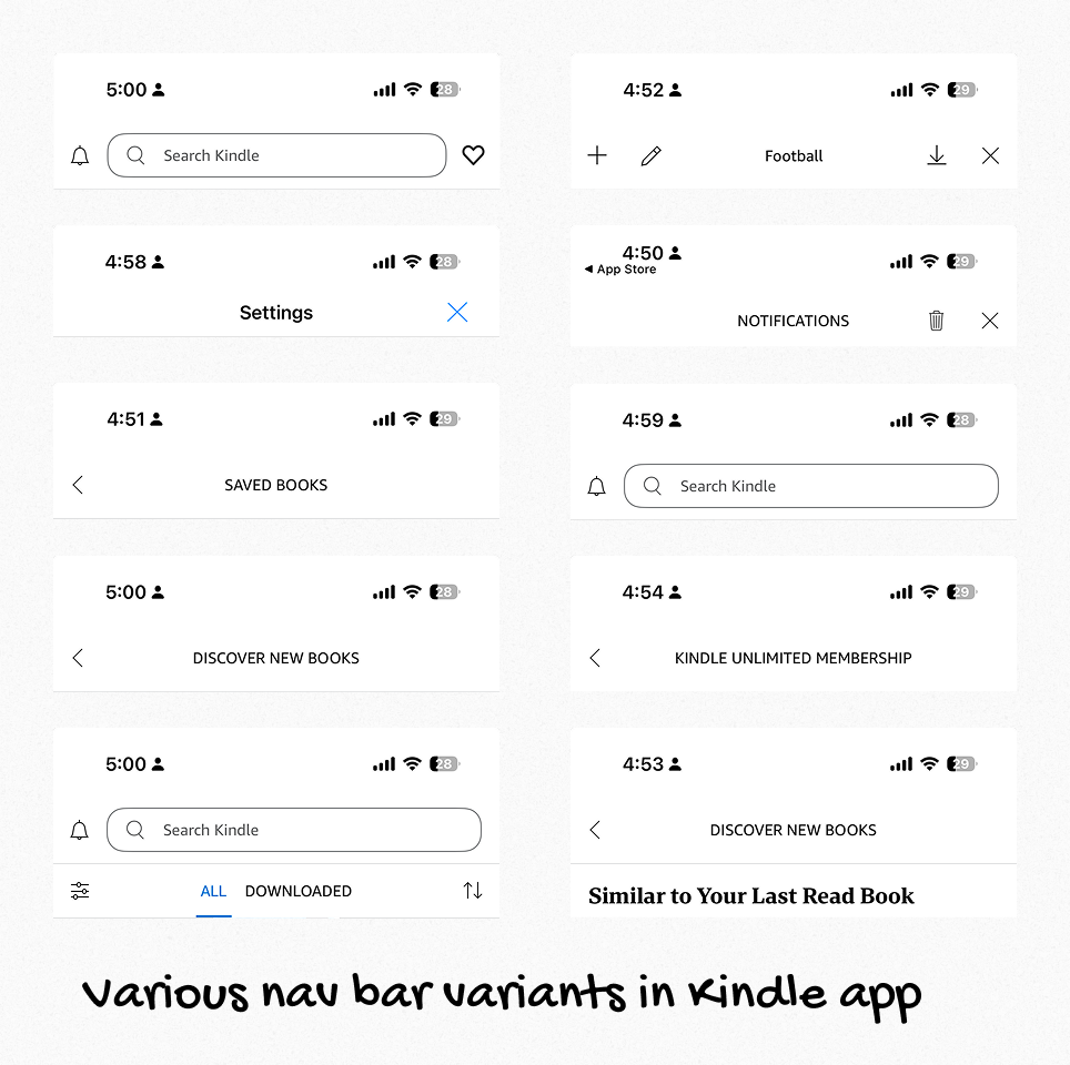 Navigation bar variants across Kindle surfaces before consolidation.